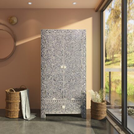 Lifestyle view of Handcrafted Bone Inlay Armoire with floral patterns with intricate design
