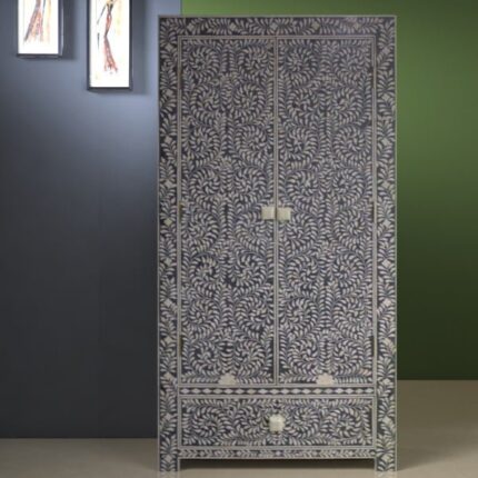 Front view of Handcrafted Bone Inlay Armoire with floral patterns with intricate design