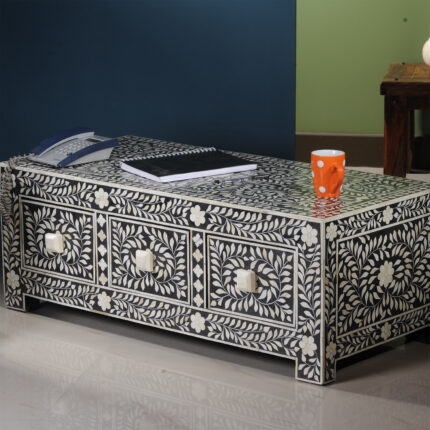 Handcrafted bone inlay coffee table with intricate design view 02