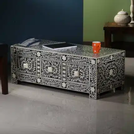 Handcrafted bone inlay coffee table with intricate design