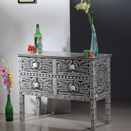 Handcrafted Bone inlay console table with intricate floral design - Black View 02