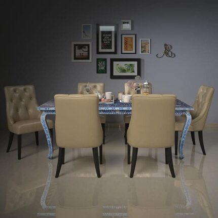 Front view of Elegance Mother of Pearl Dining Table showcasing intricate inlay design.