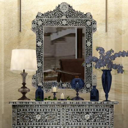 Intricate Floral Pattern Inlay Mirror Black View 02