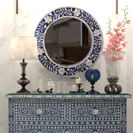 Round Floral Bone Inlay Mirror view 02
