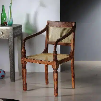 Inlaid Wooden Armchair with Cane Seat