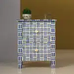 Bone inlay bedside table with intricate crosshatch design