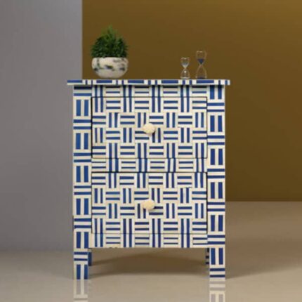 Bone inlay bedside table with intricate crosshatch design