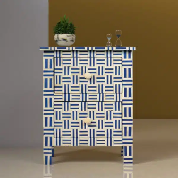 Bone inlay bedside table with intricate crosshatch design
