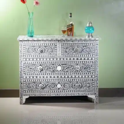 Handcrafted Bone Inlay Chest of Drawers with Intricate Patterns
