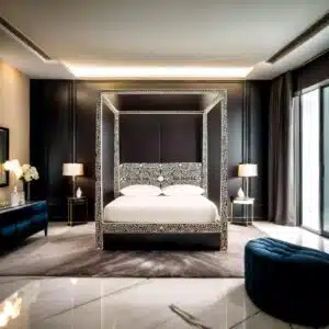 Luxury bed design with intricate carvings and modern elements