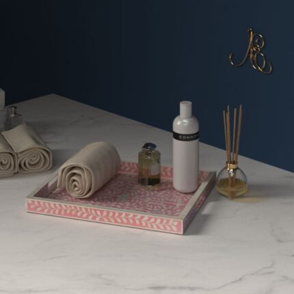 Decorative Bone inlay tray with intricate floral design and bathroom towels - pink