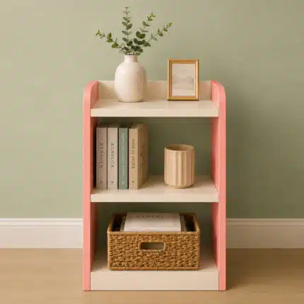 ACE CRAFTIQUE 3 tier bedside table in Desert Blush and Ivory White beside a bed with lamp, clock, plant, books and storage basket
