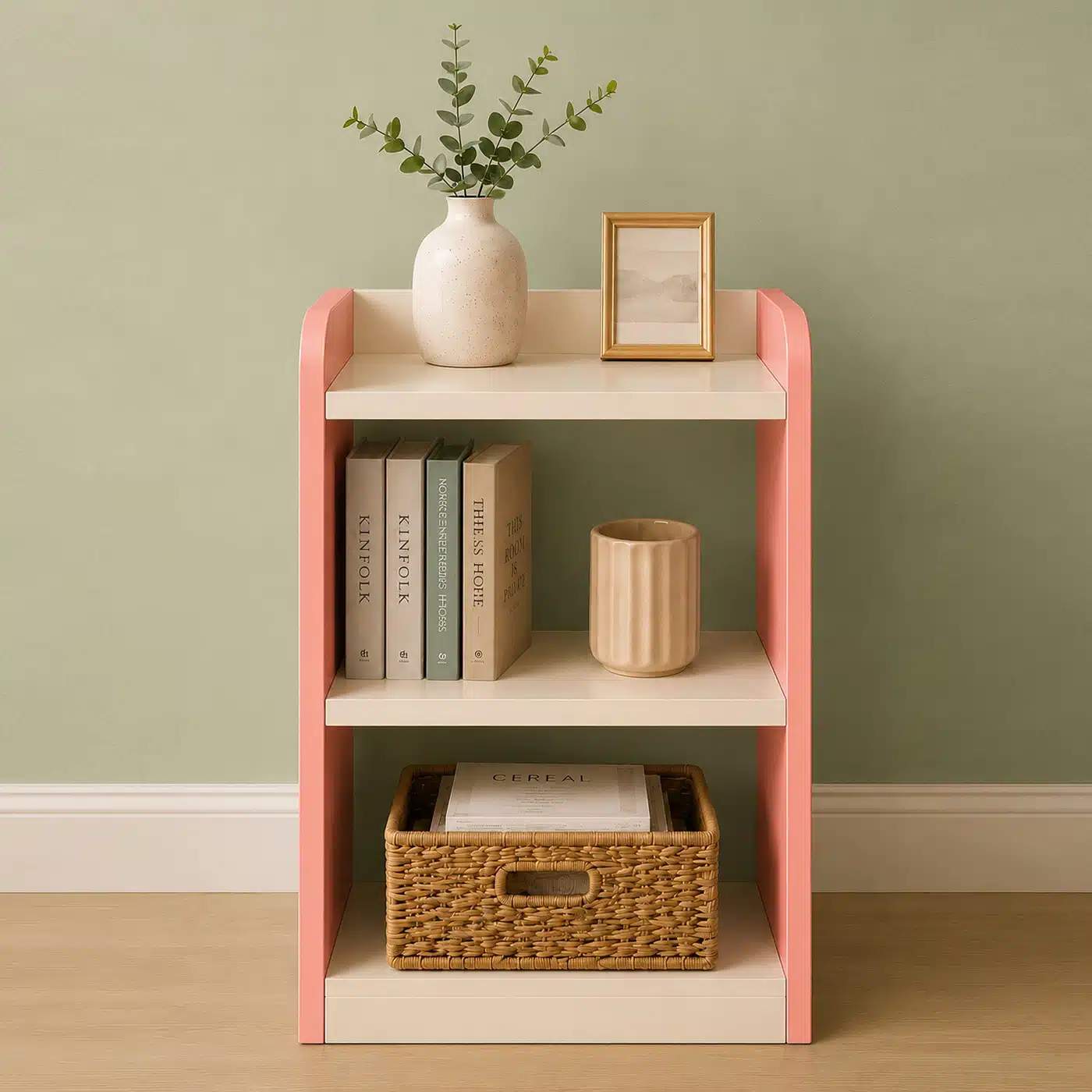 F-1116-MDF-C20 ACE CRAFTIQUE 3 tier bedside table in Desert Blush and Ivory White beside a bed with lamp, clock, plant, books and storage basket