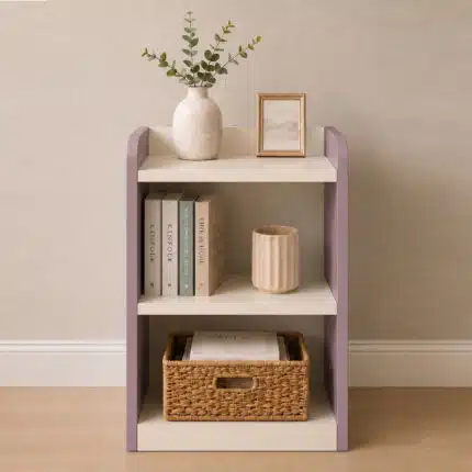 ACE CRAFTIQUE 3 tier nightstand in Desert Lilac and Ivory White used beside a bed with lamp, books, decor and open storage shelves