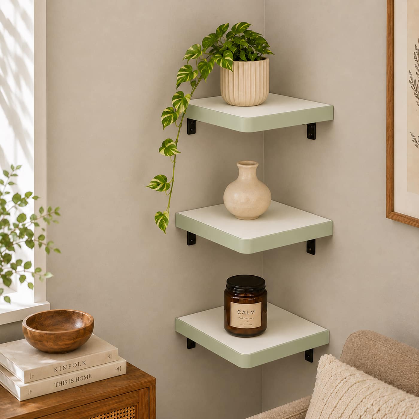 F-20105-MDF-C19 Corner Floating Wall Shelf (Set of 3) - Space Saving Stand - Image 1