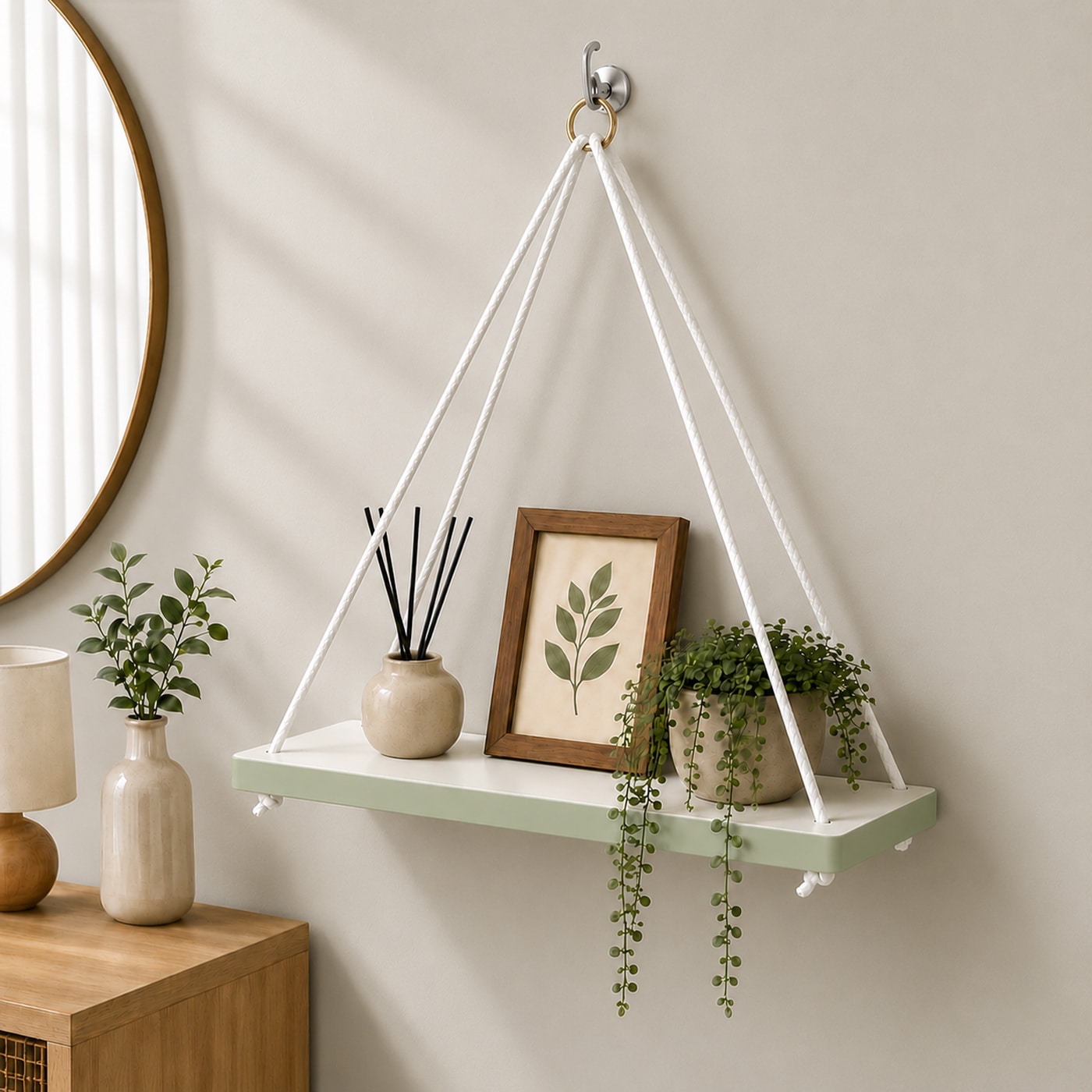 F-20108-MDF-C19 Hanging Wooden Shelf with Rope - Pastel Room Display Rack - Image 1