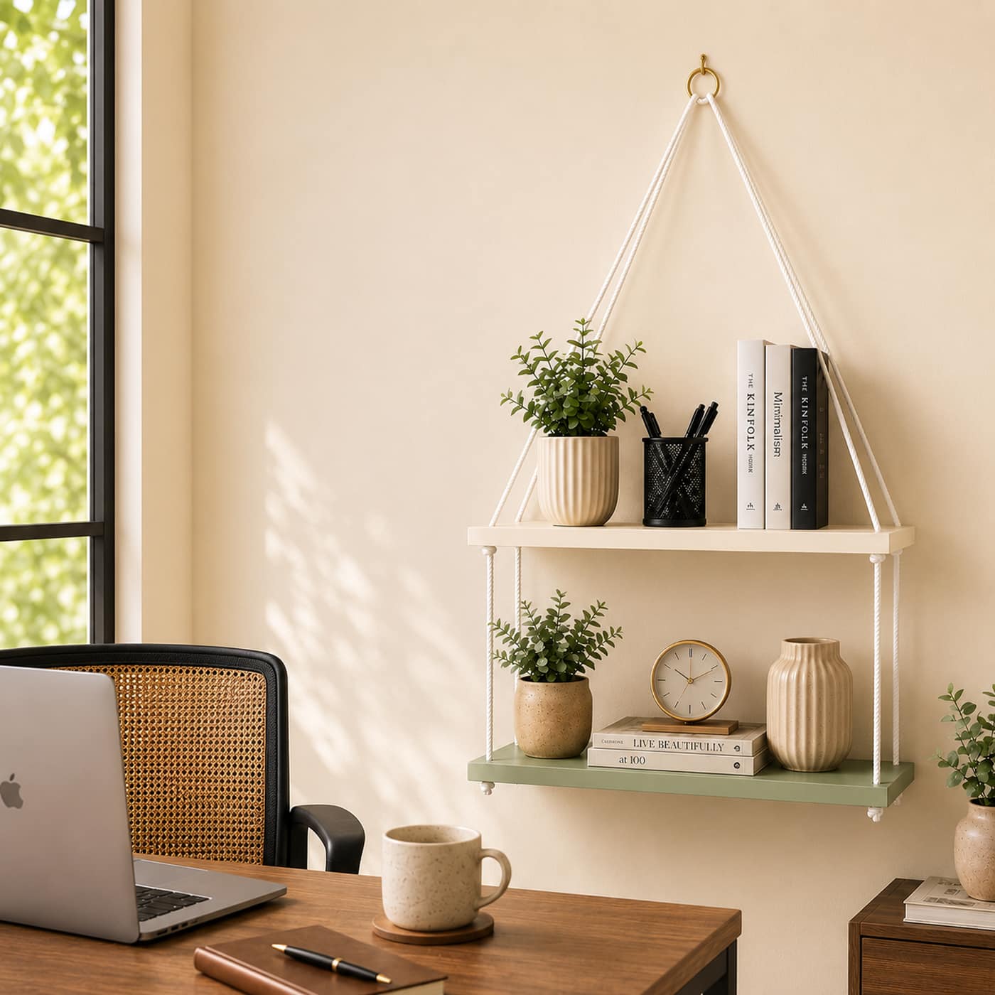 F-20113-MDF-C19-02 2-Tier Hanging Wooden Shelf with Adjustable Rope - Image 1